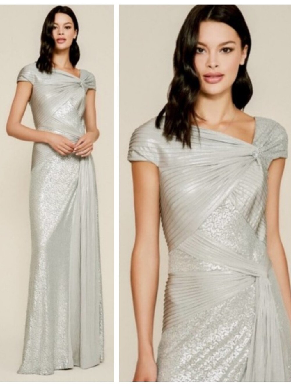 NWT $558 Tadashi Shoji Parma Draped Sequin Gown Silver Women's Medium Evening - Picture 1 of 12